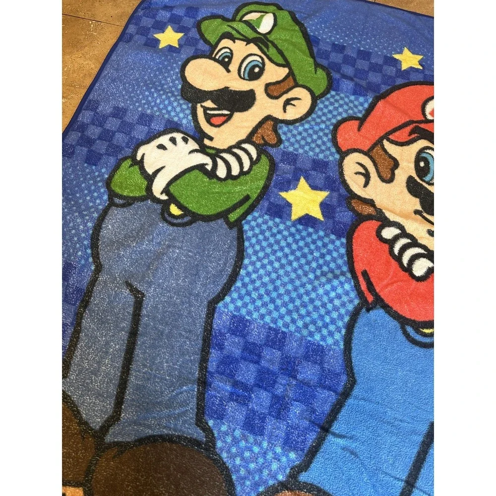 Nintendo Super Mario Bros Blanket Throw Blue Mario Luigi Stars‎ Plush Fleece
